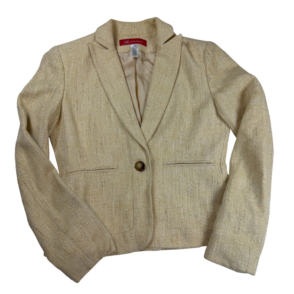 Anne Klein Women Yellow Silk Blend Tweed Single Button Blazer Jacket Size 4
